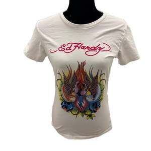 Ed Hardy Limited Edition Rhinestone Swallow Graphic Tee White Y2K Vintage Women